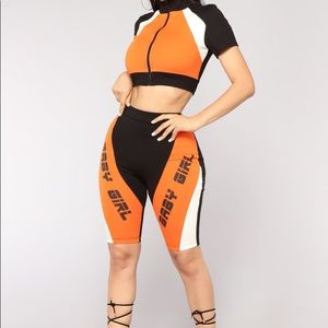 Fashion nova two piece orange and black set